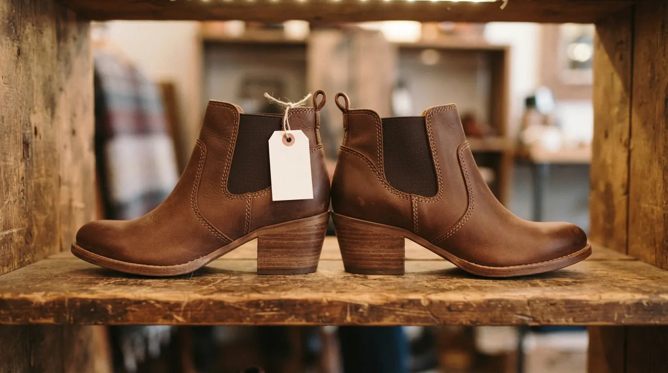 Brown booties with a small paper tag attached resting on a wooden shelf