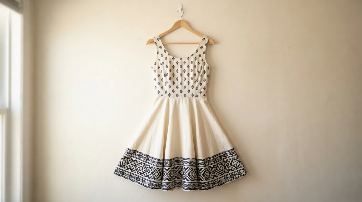Kim Rogers fit and flare dress with a geometric border hem hung alone on a wooden hanger