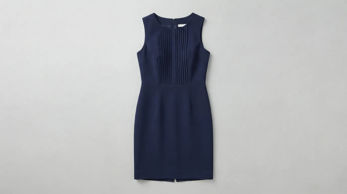 Navy sleeveless petite sheath dress with pin-tuck front pleats laid flat on a pale gray surface