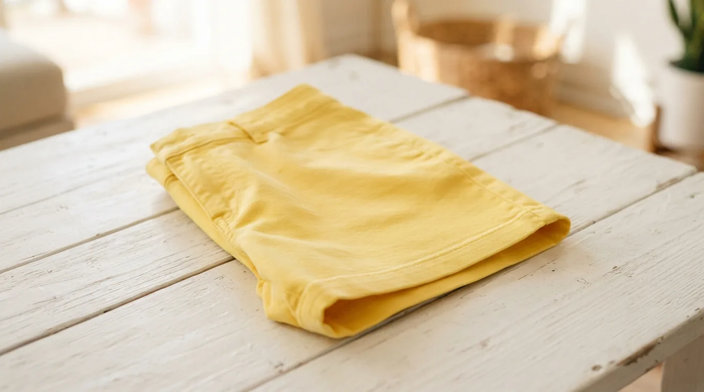 Yellow curvy fit women's Bermuda shorts folded on a white wooden tabletop