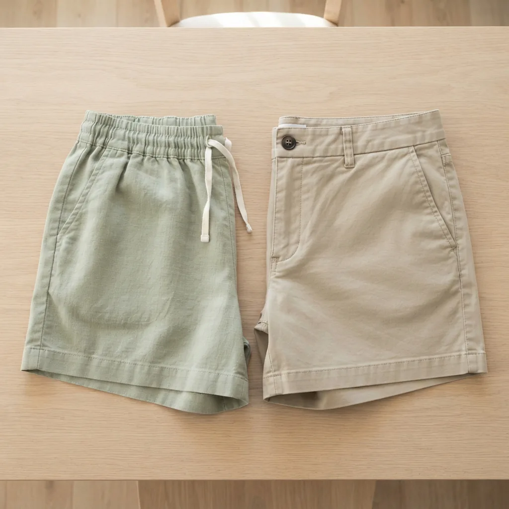 Two pairs of women's shorts side by side, one with an elastic pull-on waist and one with a flat front and button