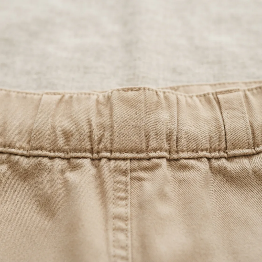 Close-up of a stretch waistband on a single pair of beige Bermuda shorts