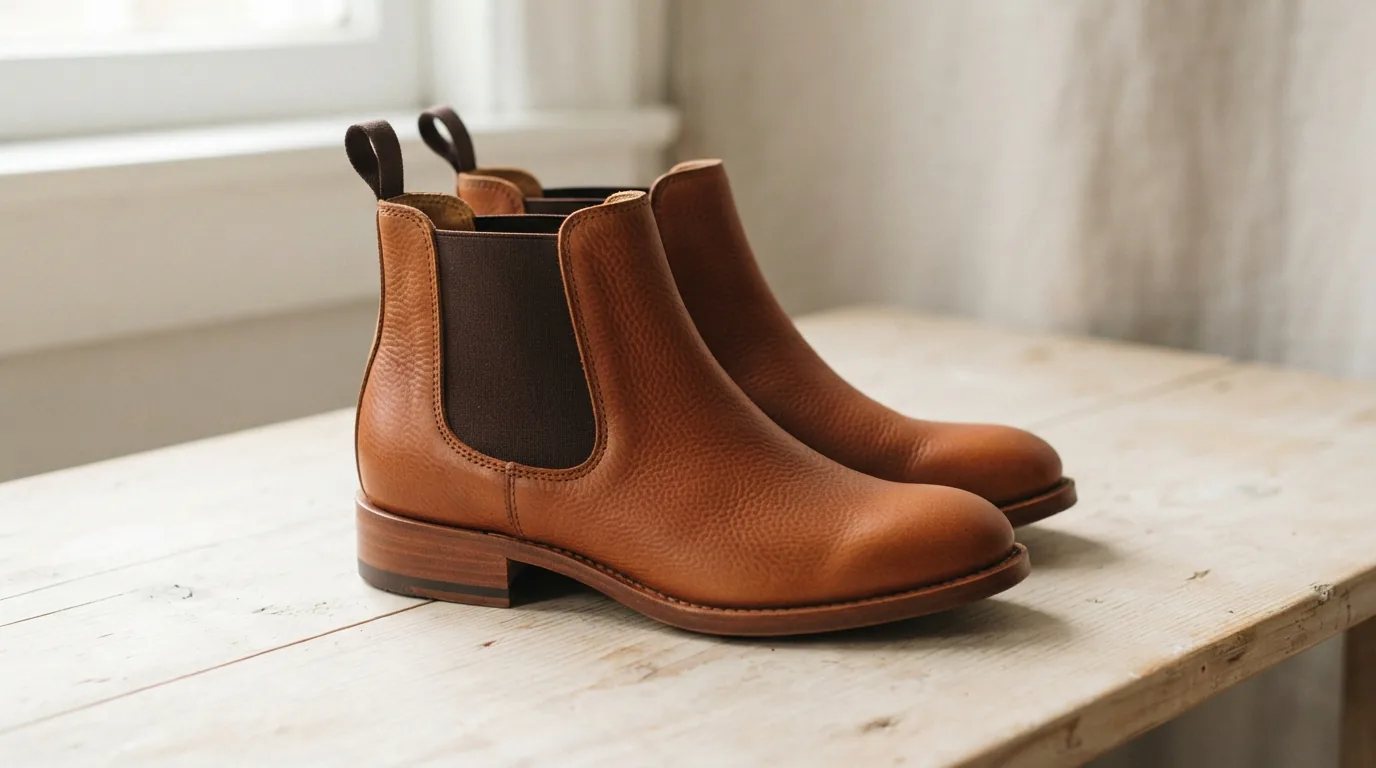 Cognac textured chelsea booties on a pale surface showing the elastic side panels