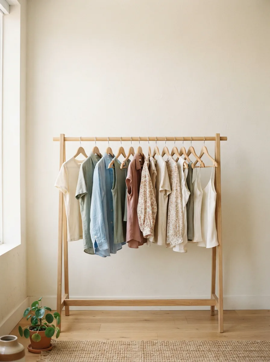 Assorted women's tops in solids and prints hanging on a simple clothing rack