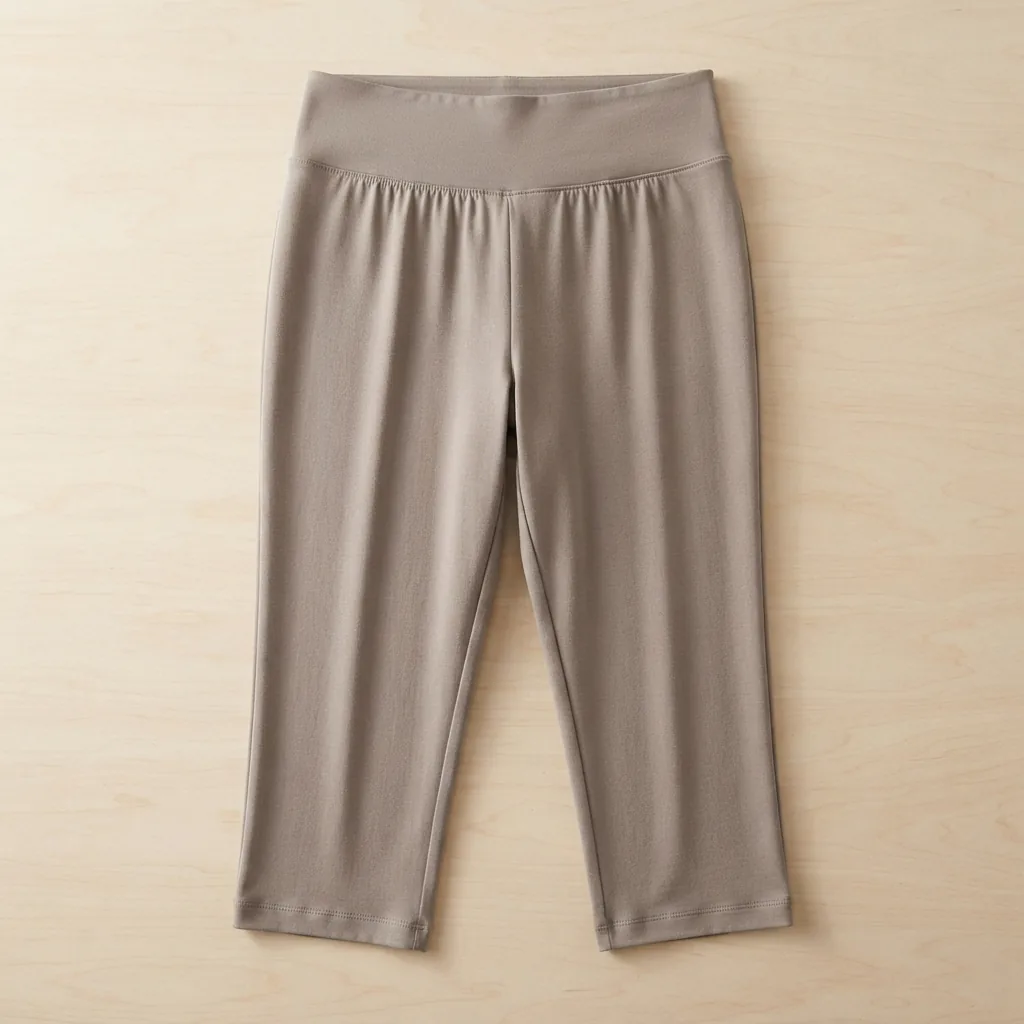 A pair of neutral pull-on capri pants with a wide stretch waistband laid flat on wood.