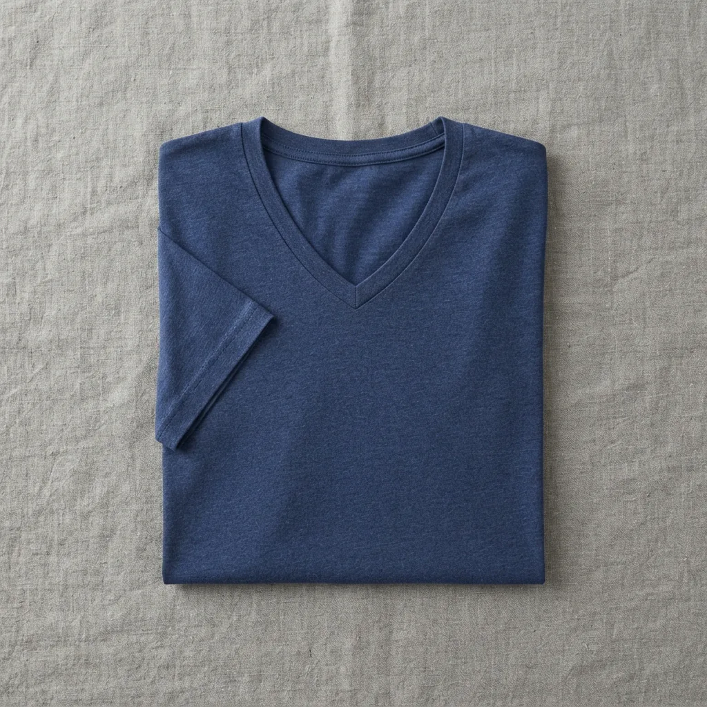 Short sleeve V-neck t-shirt in a solid color folded on a neutral surface