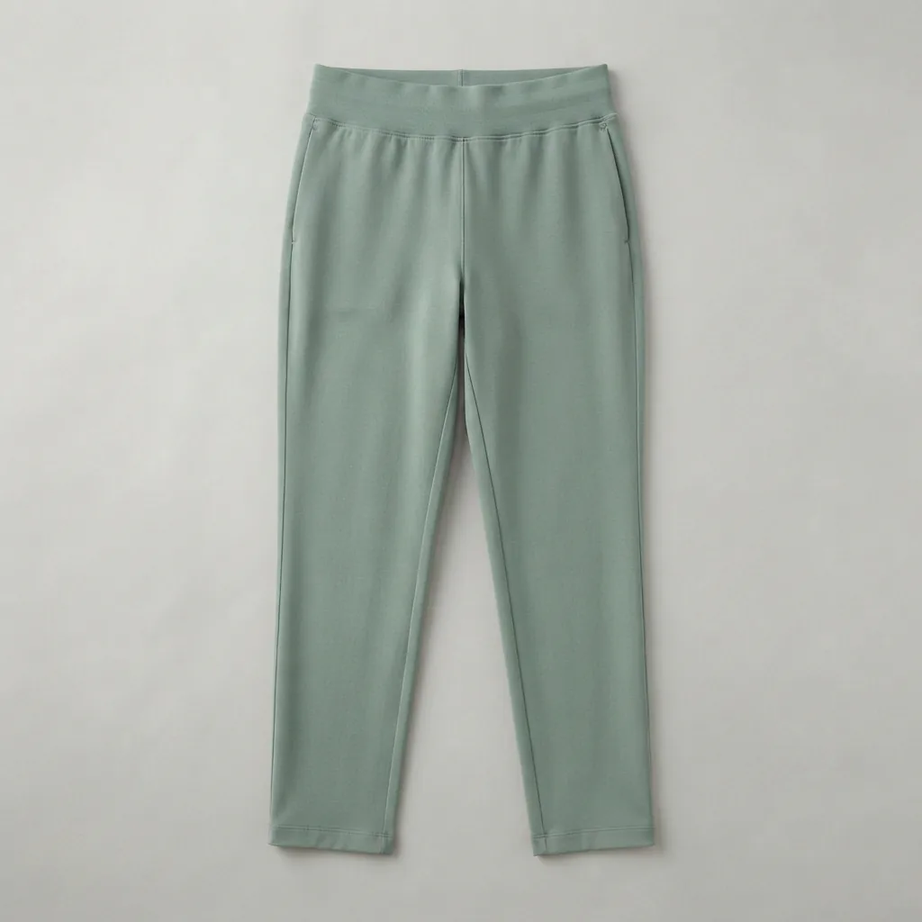 A pair of green women's active pants laid flat on a light gray background