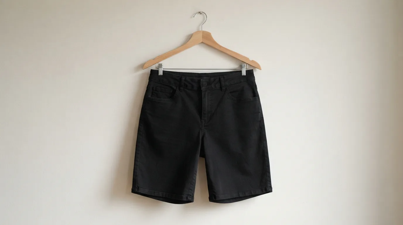 Black Bermuda shorts hanging from a wooden hanger against a plain wall
