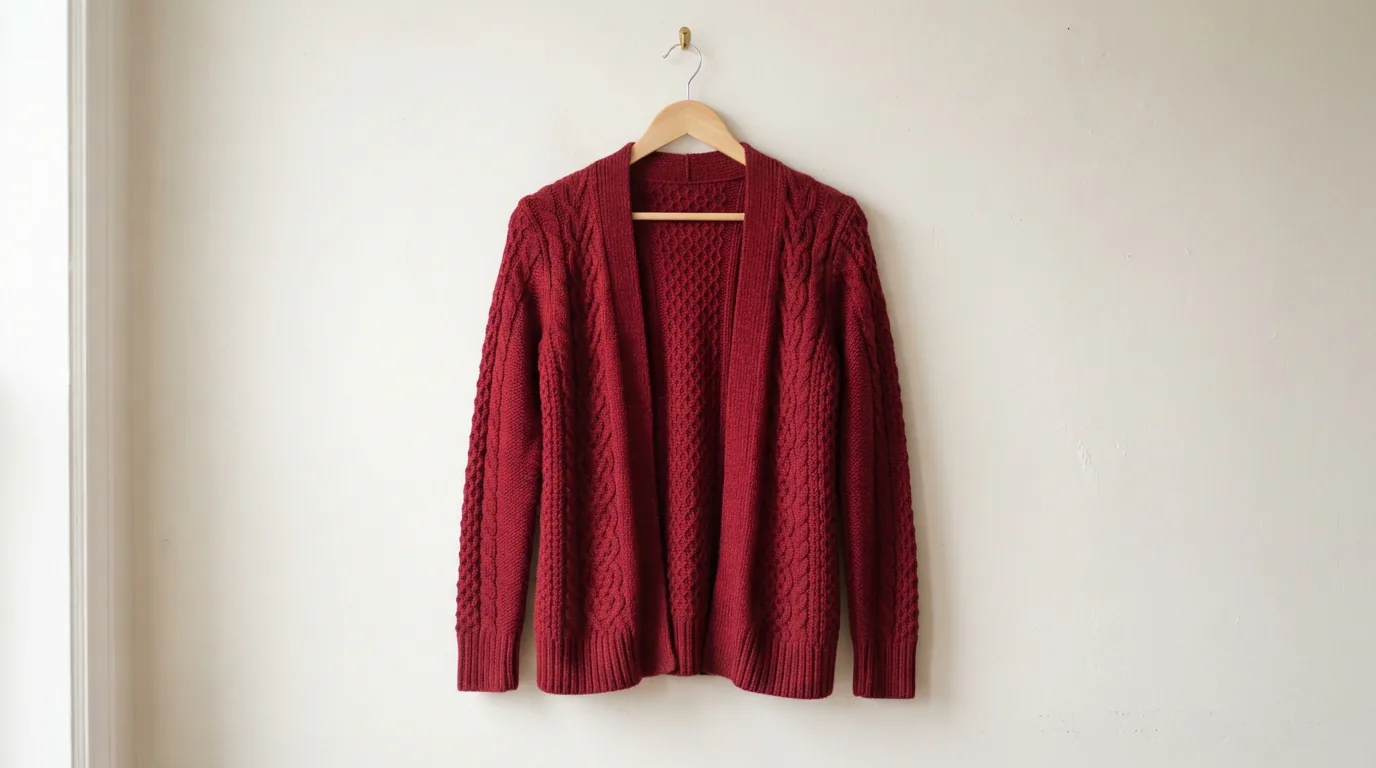 Red cable knit open front cardigan sweater in medium size on a hanger
