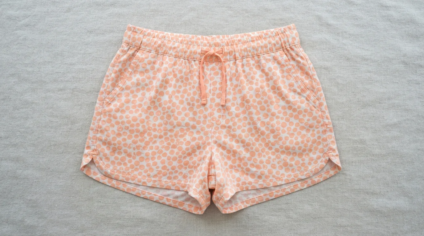 Peach and white bubble print women's shorts laid flat on a soft grey surface