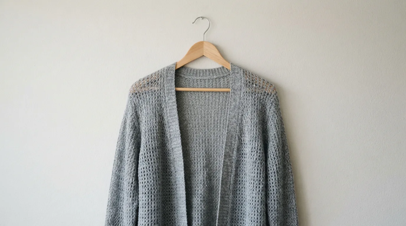 Grey open knit cardigan sweater in medium size on a wooden hanger