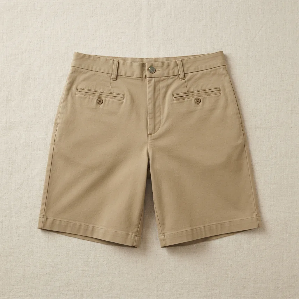 Classic-fit khaki Bermuda shorts laid flat showing a roomy thigh and knee hem