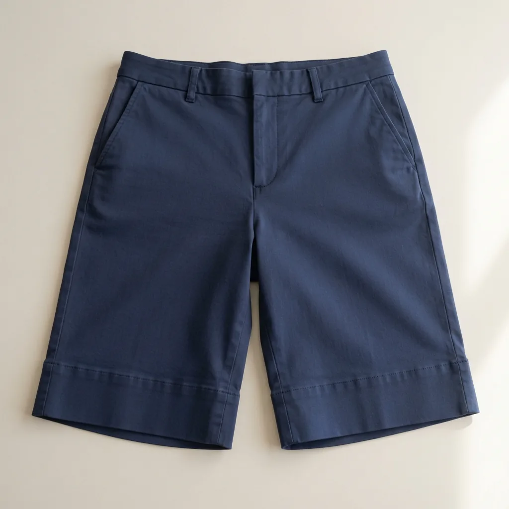 One pair of Bermuda shorts laid flat showing the knee-length hem and leg opening