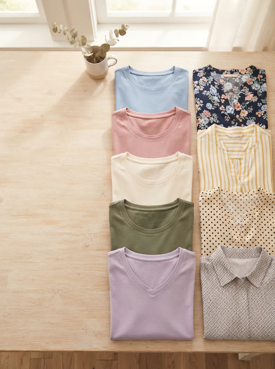 Flat lay of folded women's everyday shirts in soft solids and cheerful prints on a light tabletop
