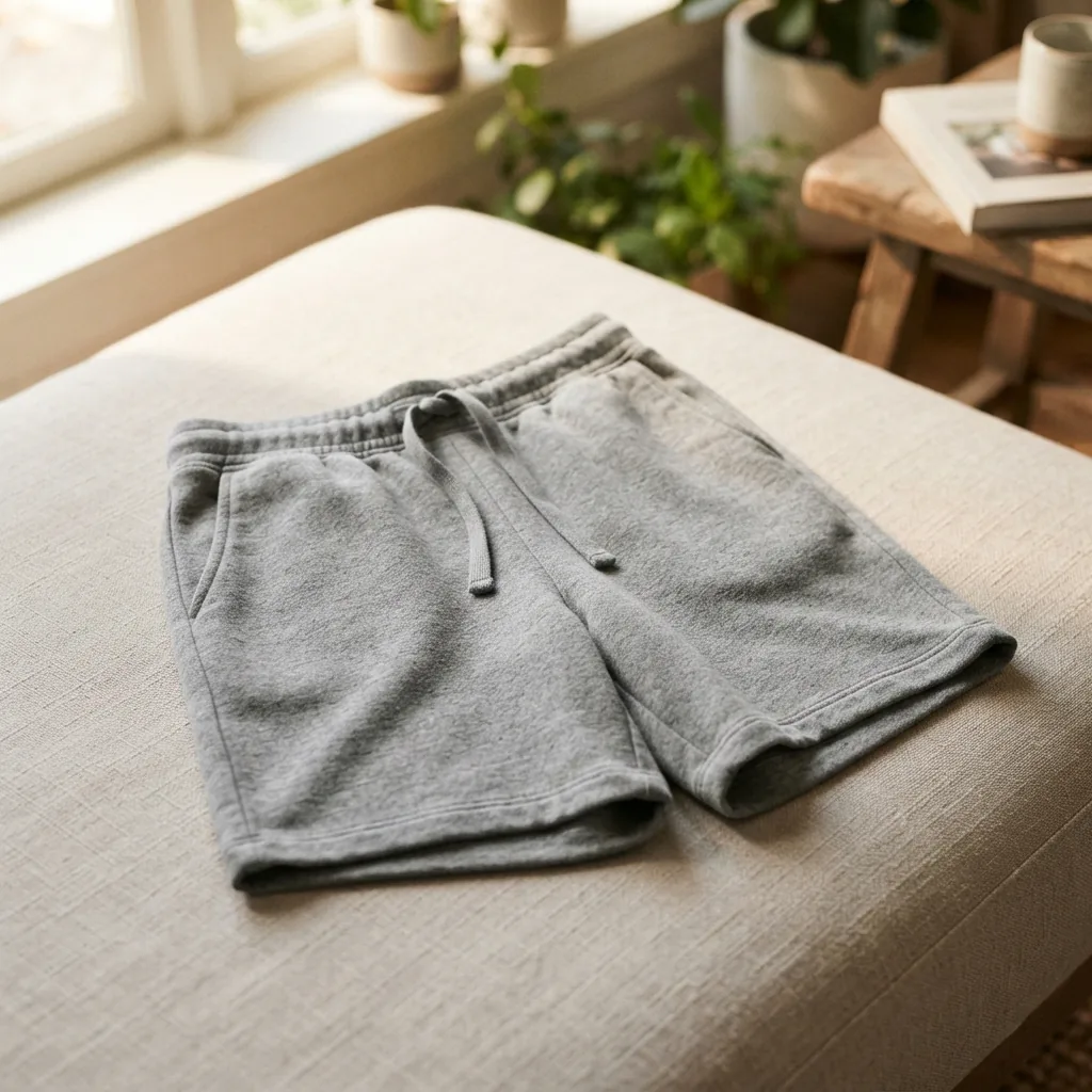 Women's Bermuda shorts resting on a casual daybed with a plain cushion behind