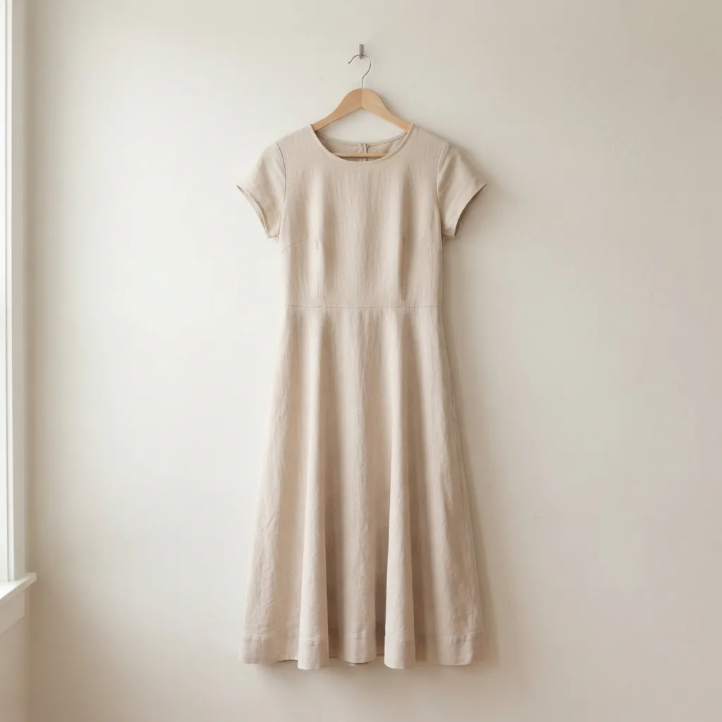 Single versatile women's everyday dress hung on a plain hanger against a pale wall