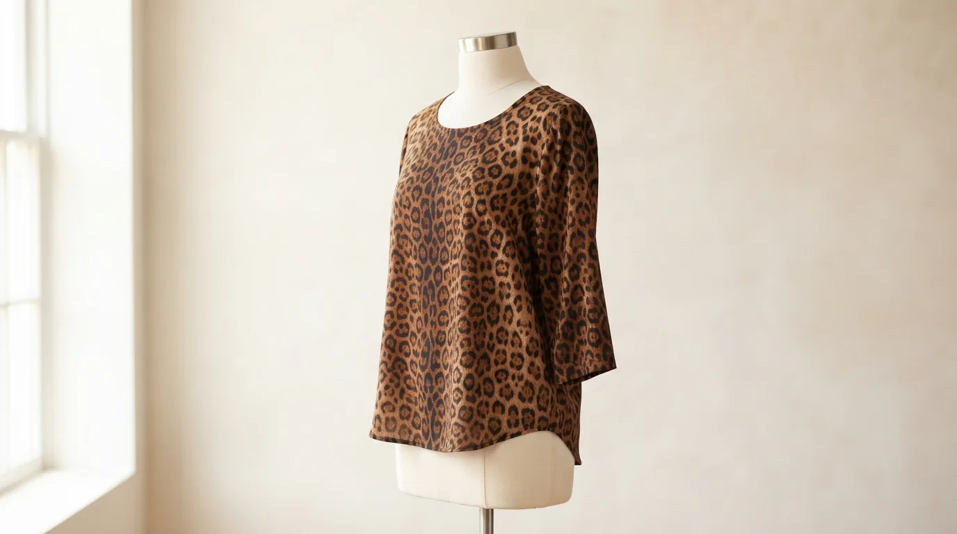 Brown animal print top with three-quarter sleeves displayed on a dress form