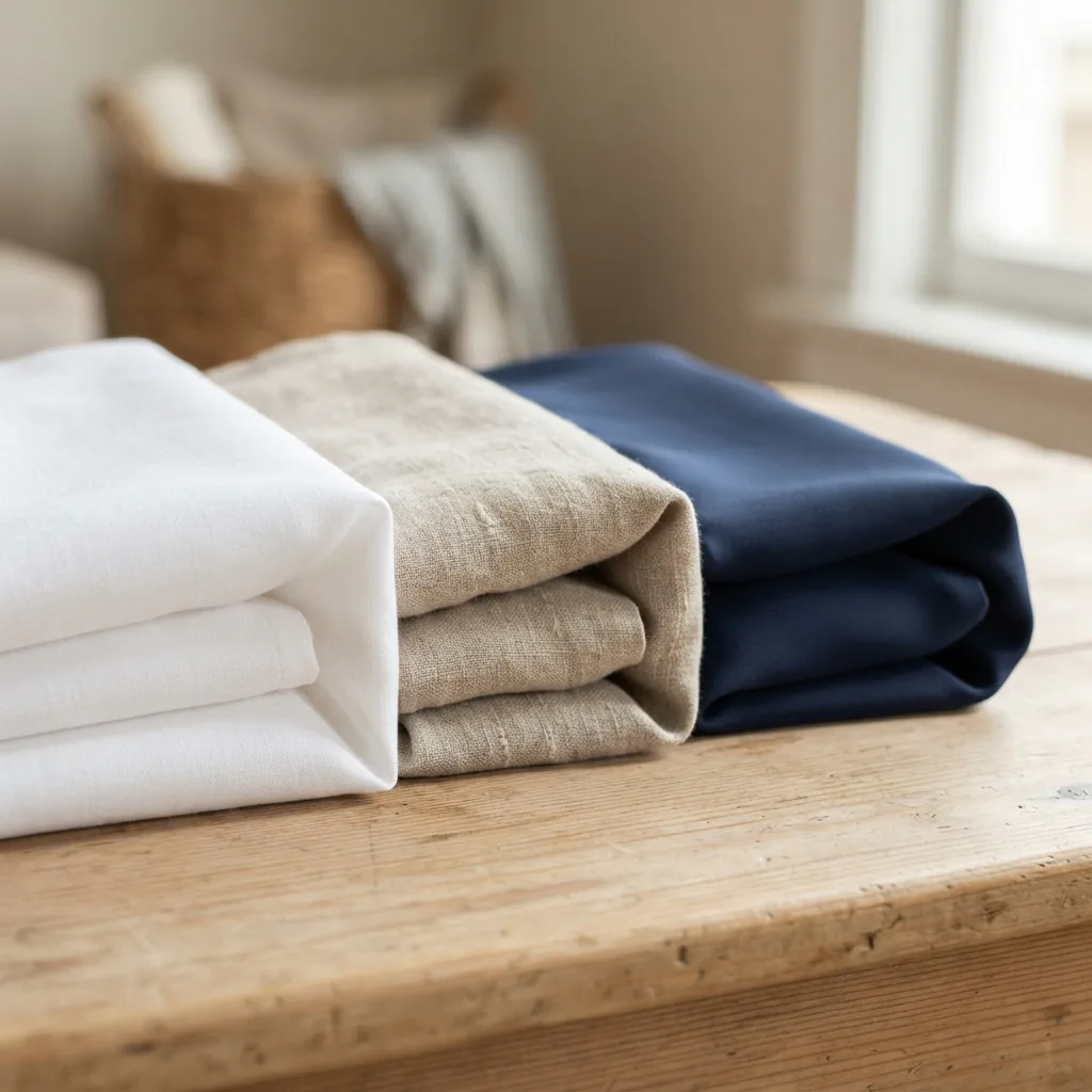 Folded cotton, linen and polyester blend dress fabrics stacked in a row on a light wooden table