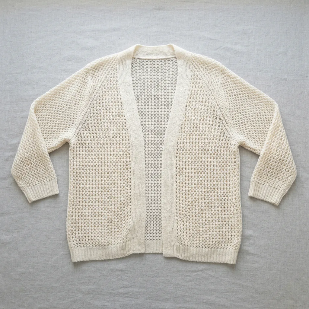 Off white open knit curvy cardigan sweater with three quarter sleeves laid flat