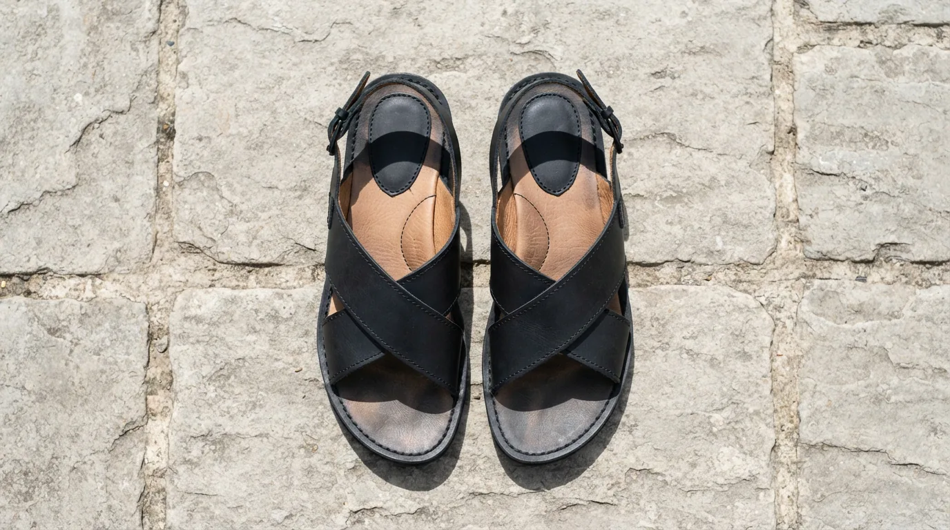 Black crisscross strap sandals on light stone paving, no people