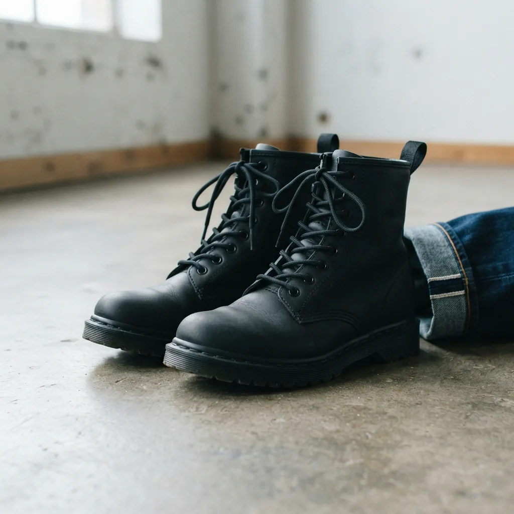 Women's lace-up combat boots on a concrete surface with jeans rolled at the hem