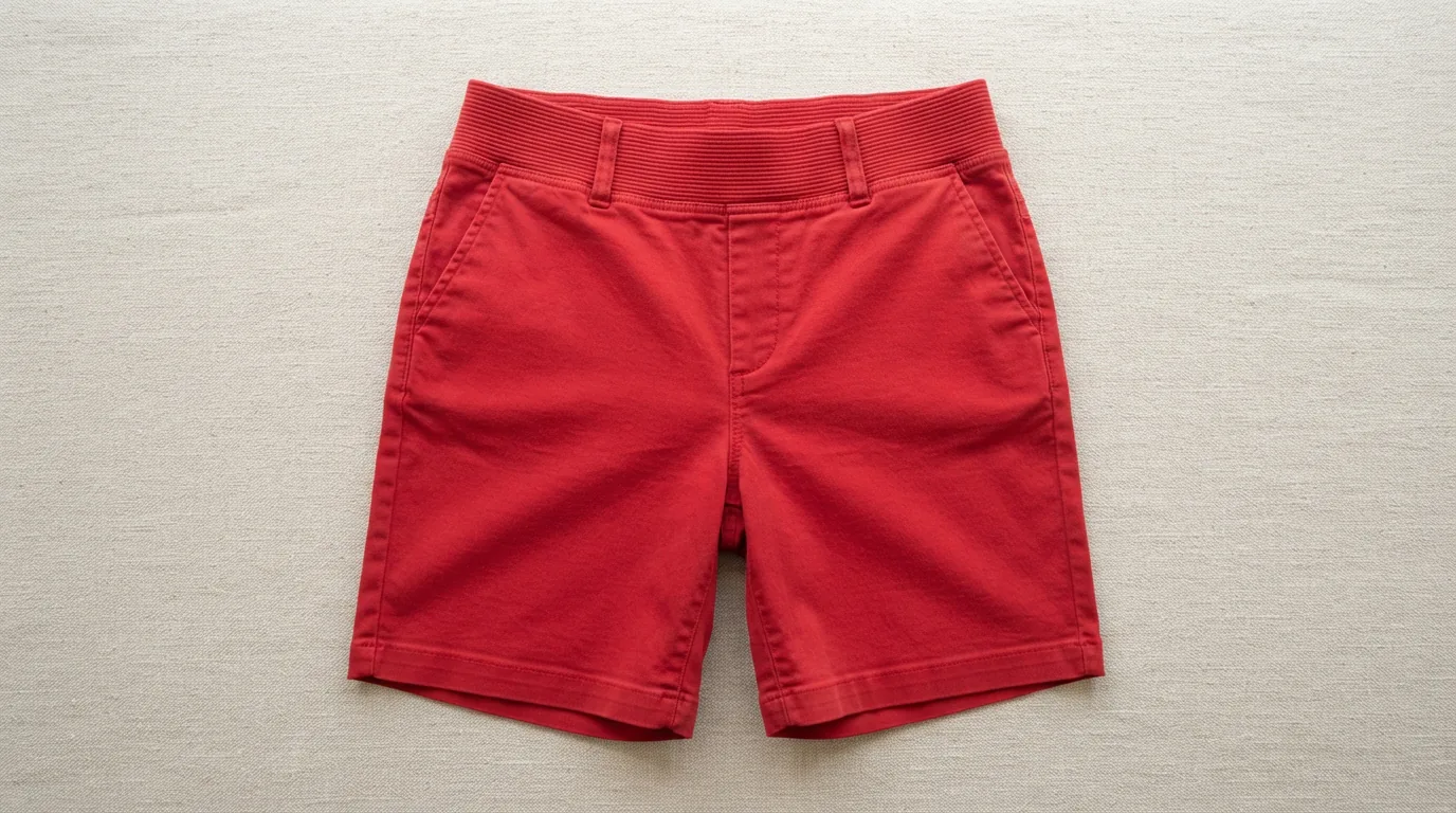 Red petite Bermuda shorts laid flat showing a ribbed stretch waistband