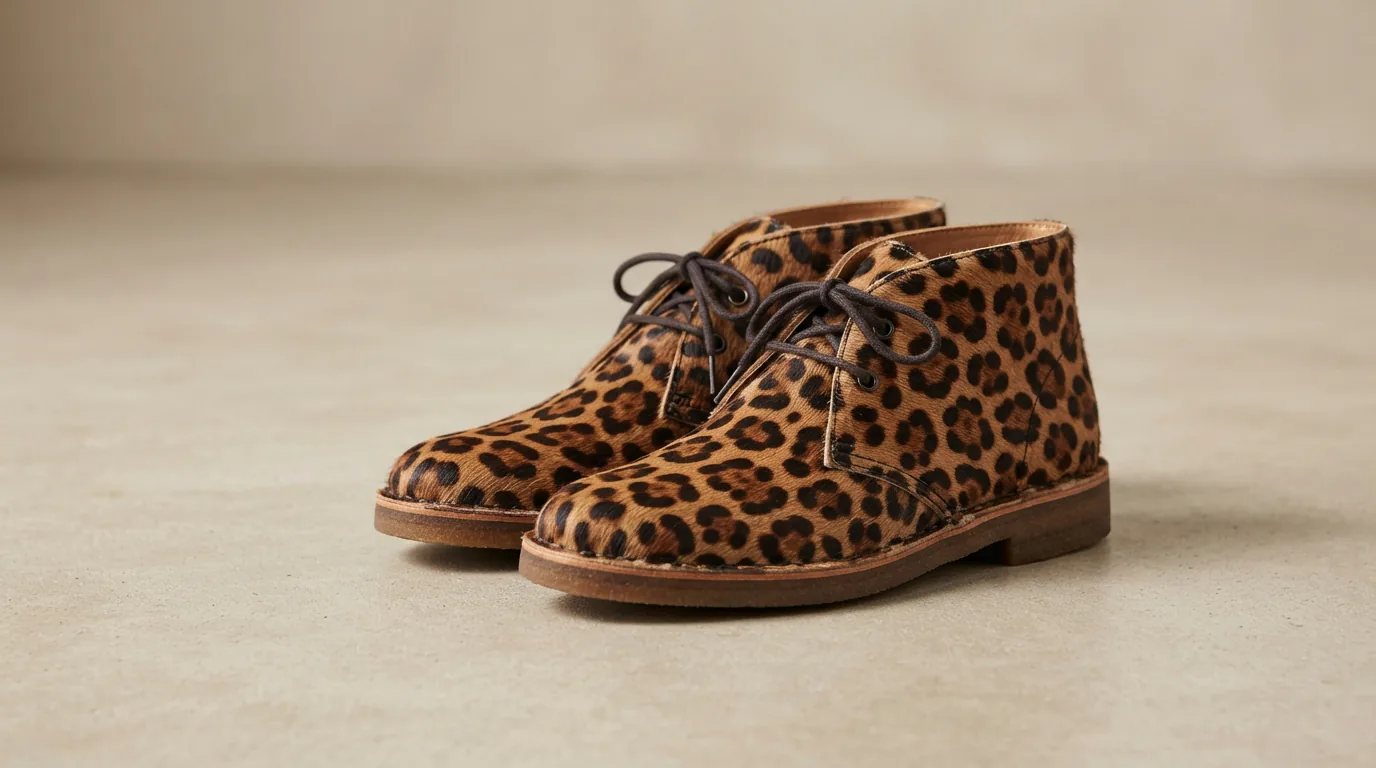 Leopard print chukka boots in brown and black on a plain neutral surface