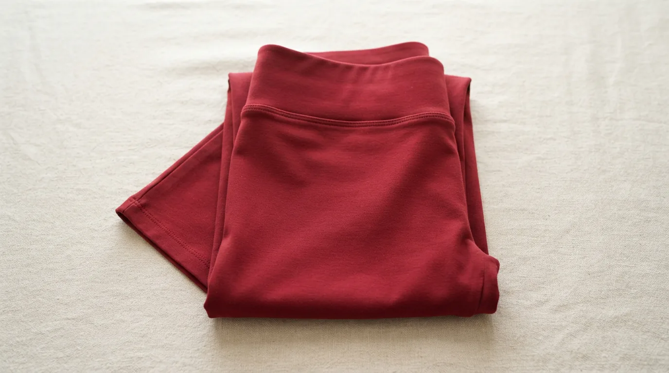 A pair of deep red comfort waist capri pants, size 18, folded on a cream surface.