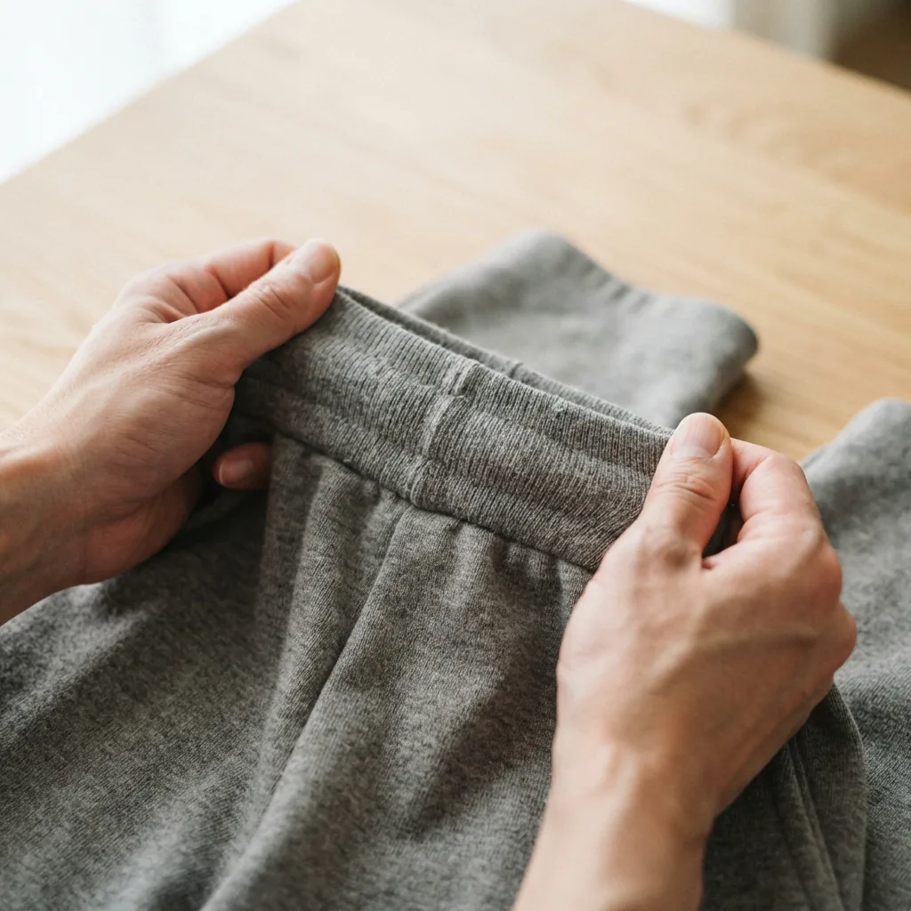 Two hands stretching the elastic waistband of a pair of pull-on trousers during a fit comparison.