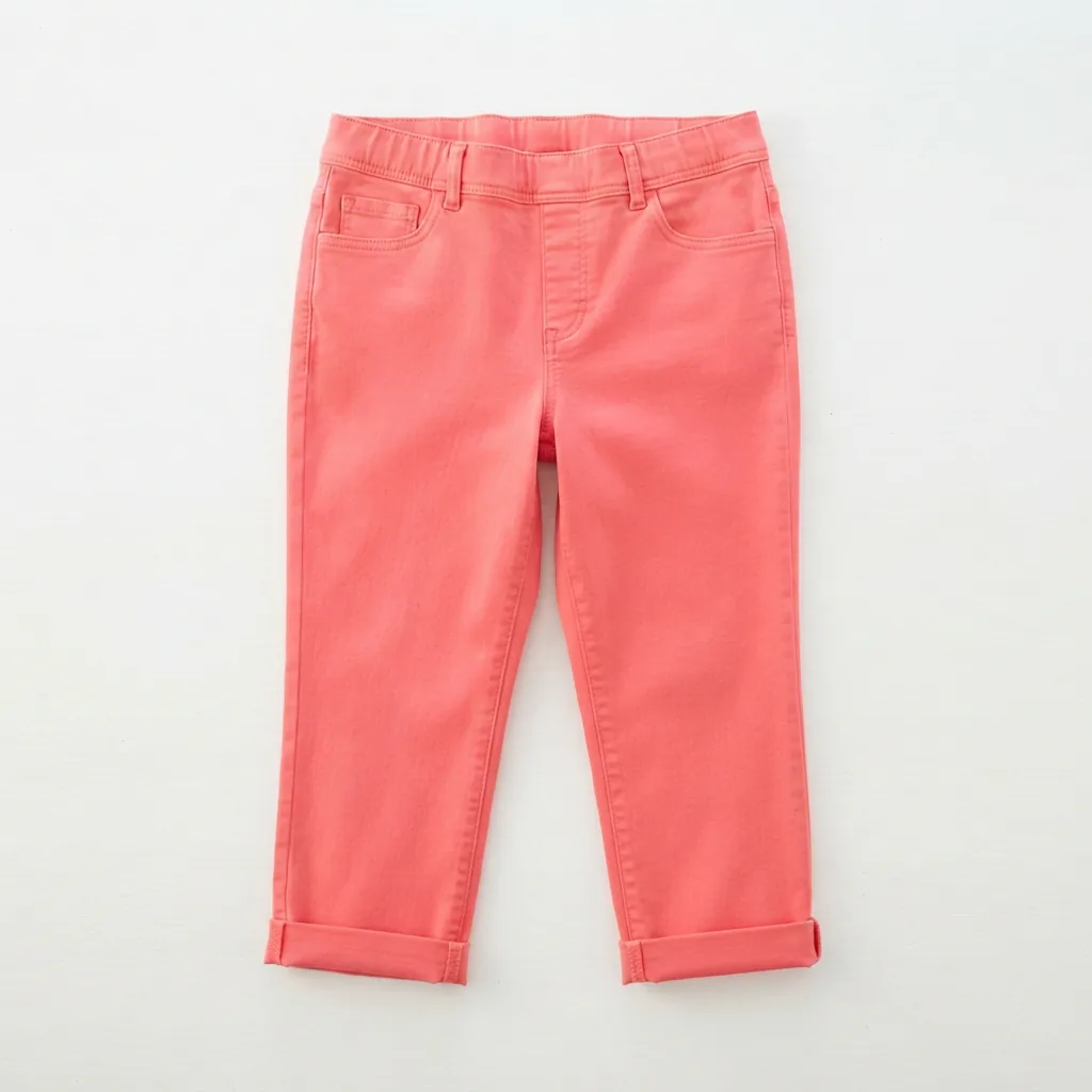 A single pair of vivid coral petite capri pants arranged flat on a white surface.
