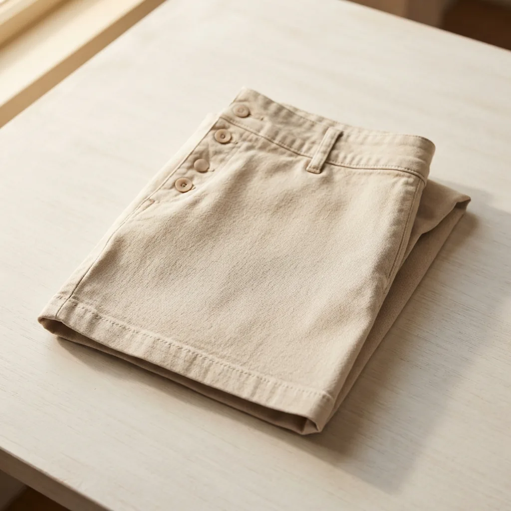 Women's neutral-toned Bermuda shorts folded on a light table in daylight